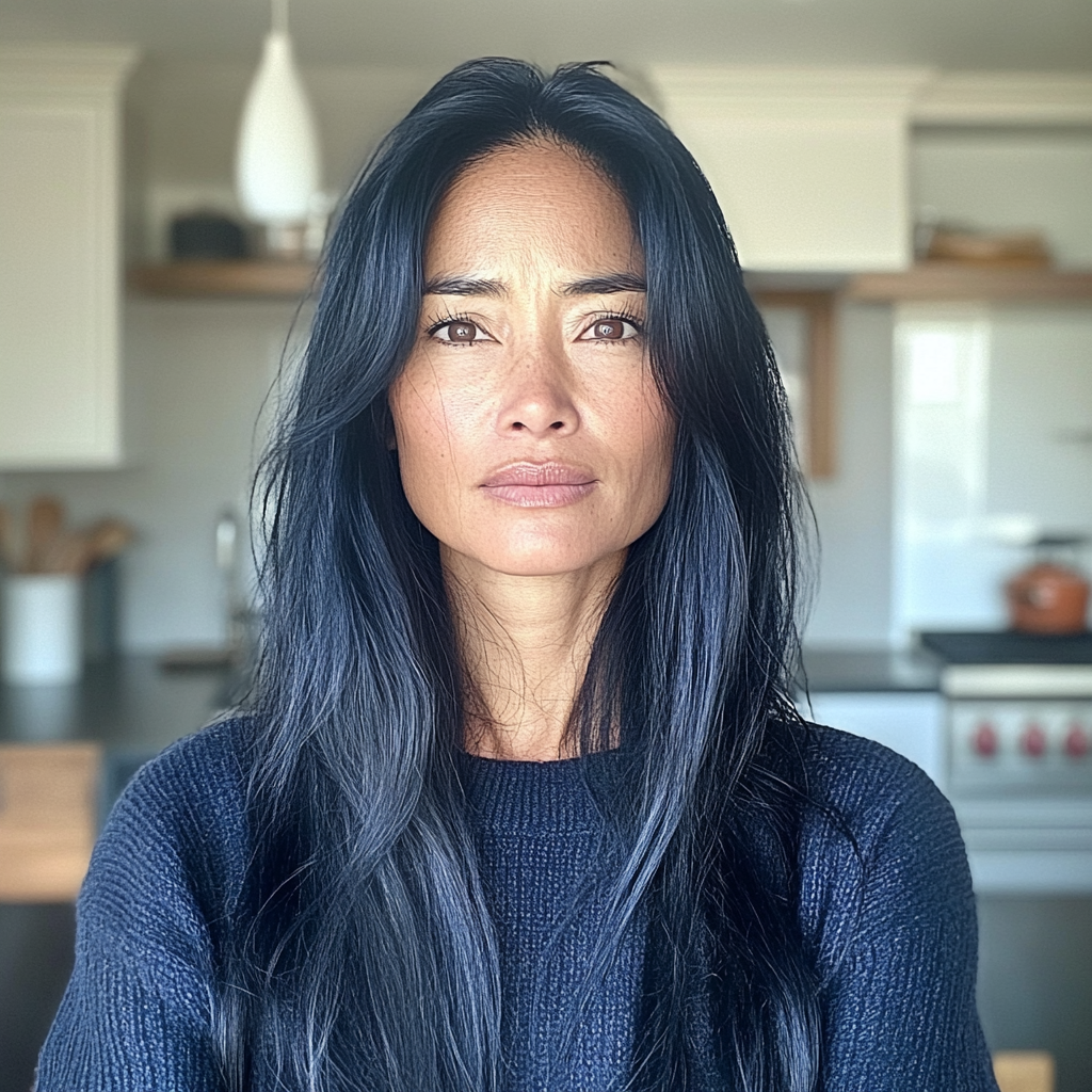 Une femme bouleversée debout dans une cuisine | Source : Midjourney