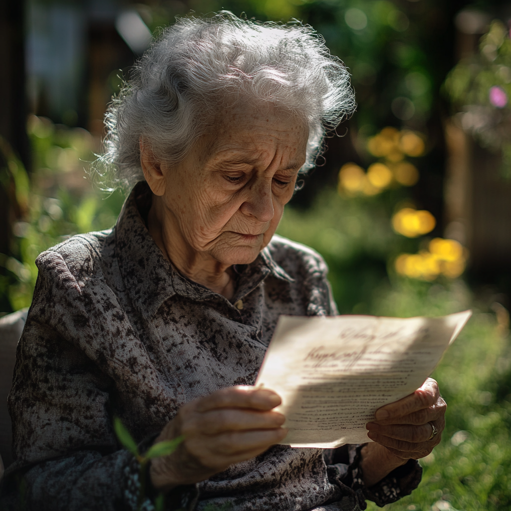 Une femme âgée lisant une lettre | Source : Midjourney