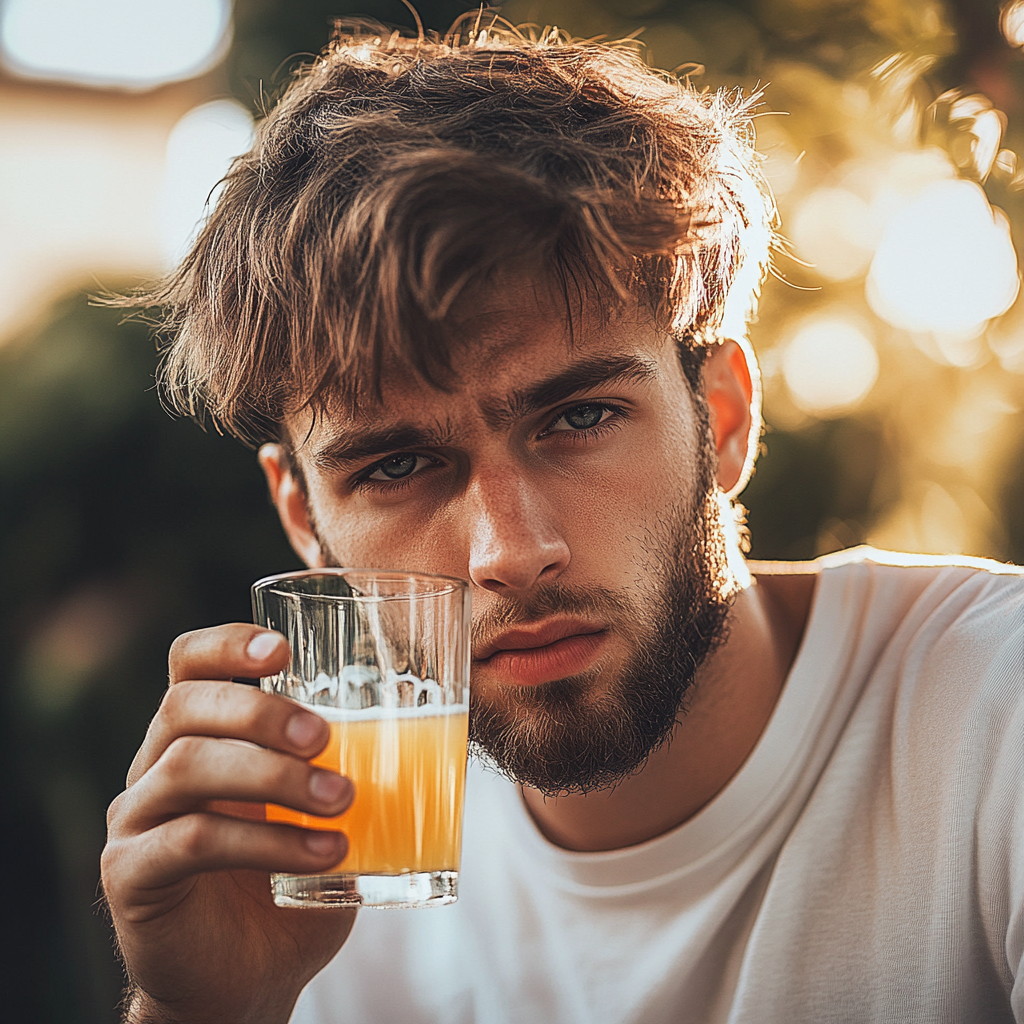 Un jeune homme agacé tenant un verre de jus de fruit | Source : Midjourney