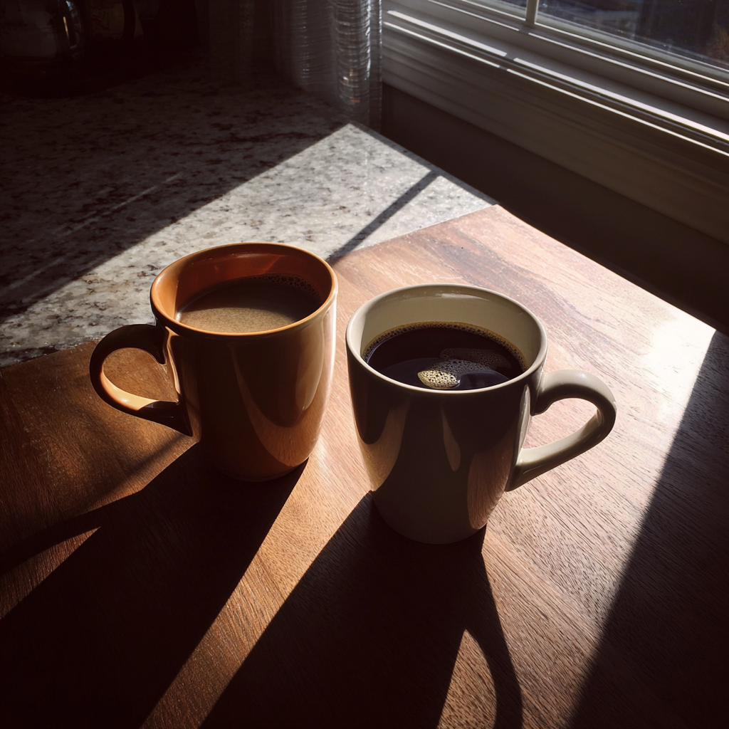 Deux tasses de café sur une planche en bois | Source : Midjourney