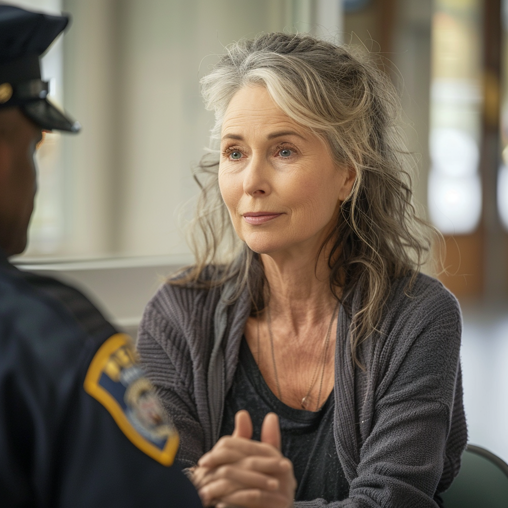 Une femme d'âge moyen parle à un policier dans un poste de police | Source : Midjourney