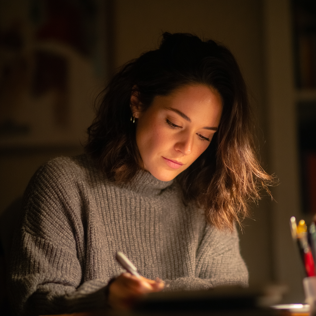 Une femme pensive qui écrit dans un carnet | Source : Midjourney