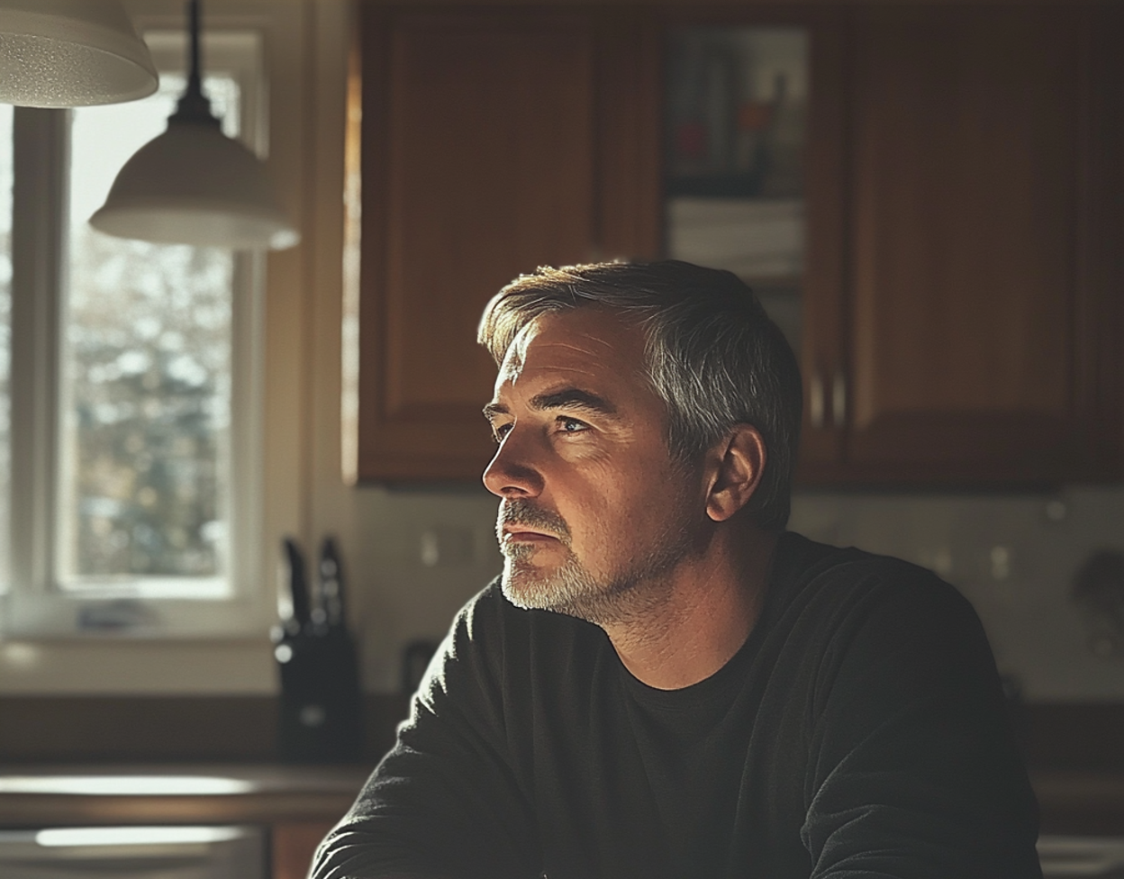 Un homme âgé assis au comptoir d'une cuisine | Source : Midjourney