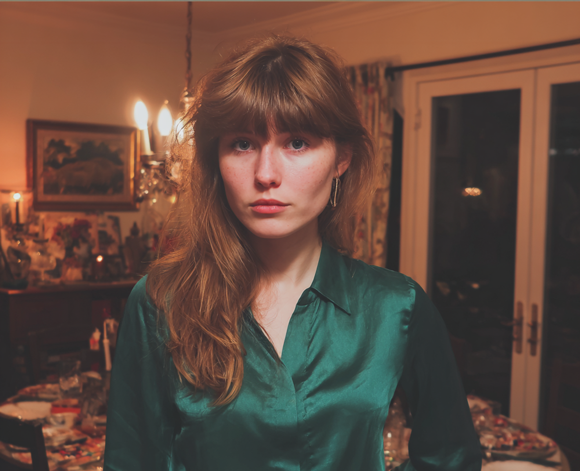 Une femme pensive portant un chemisier vert | Source : Midjourney