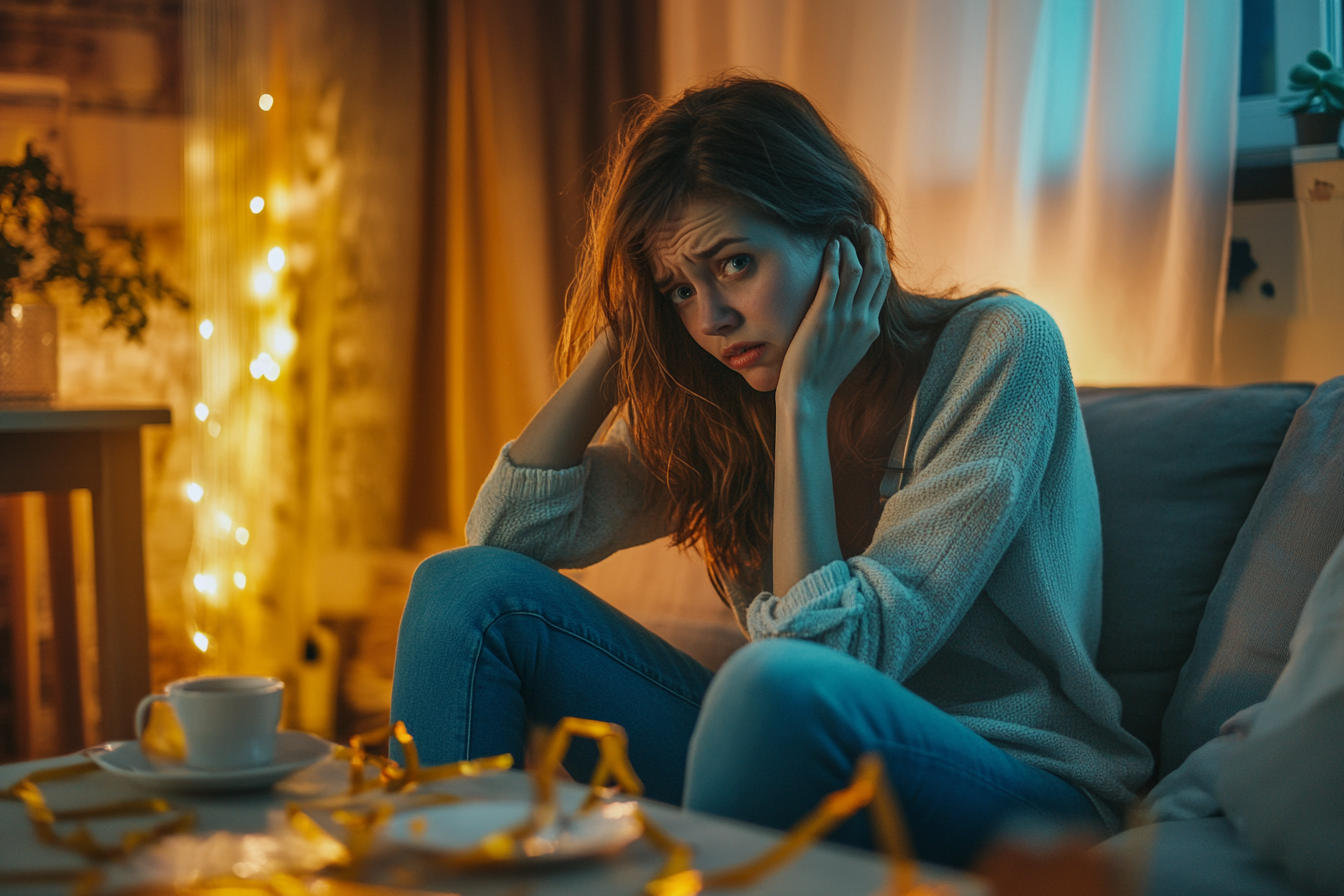 An upset woman sitting on a sofa | Source: Midjourney