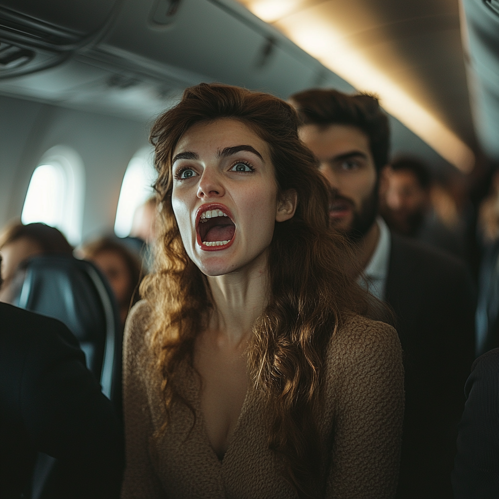 Angry female passenger screams on plane | Source: Midjourney