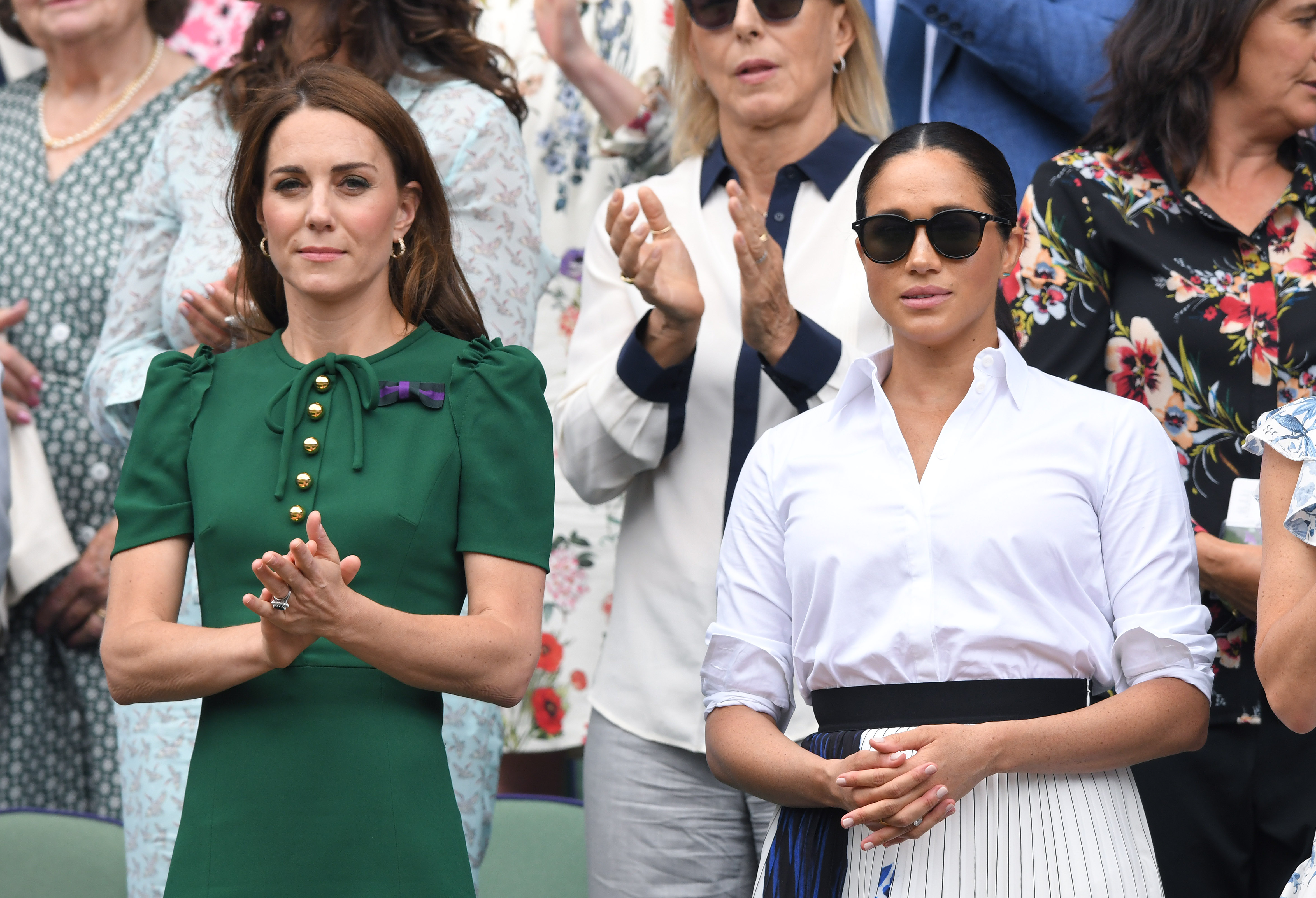 Kate Middleton et Meghan Markle au All England Lawn Tennis and Croquet Club, le 13 juillet 2019, à Londres. | Source : Getty Images