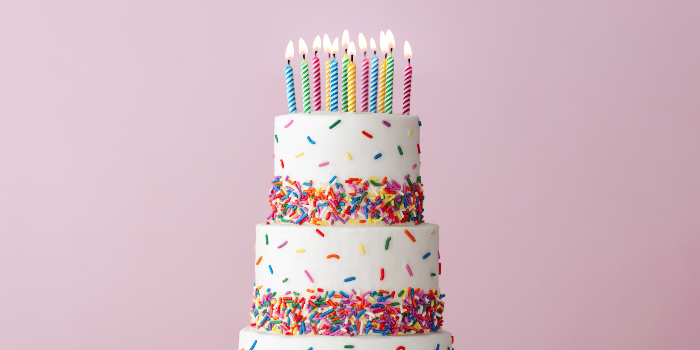 Un gâteau d'anniversaire à trois étages avec des paillettes arc-en-ciel et des bougies allumées | Source : Shutterstock
