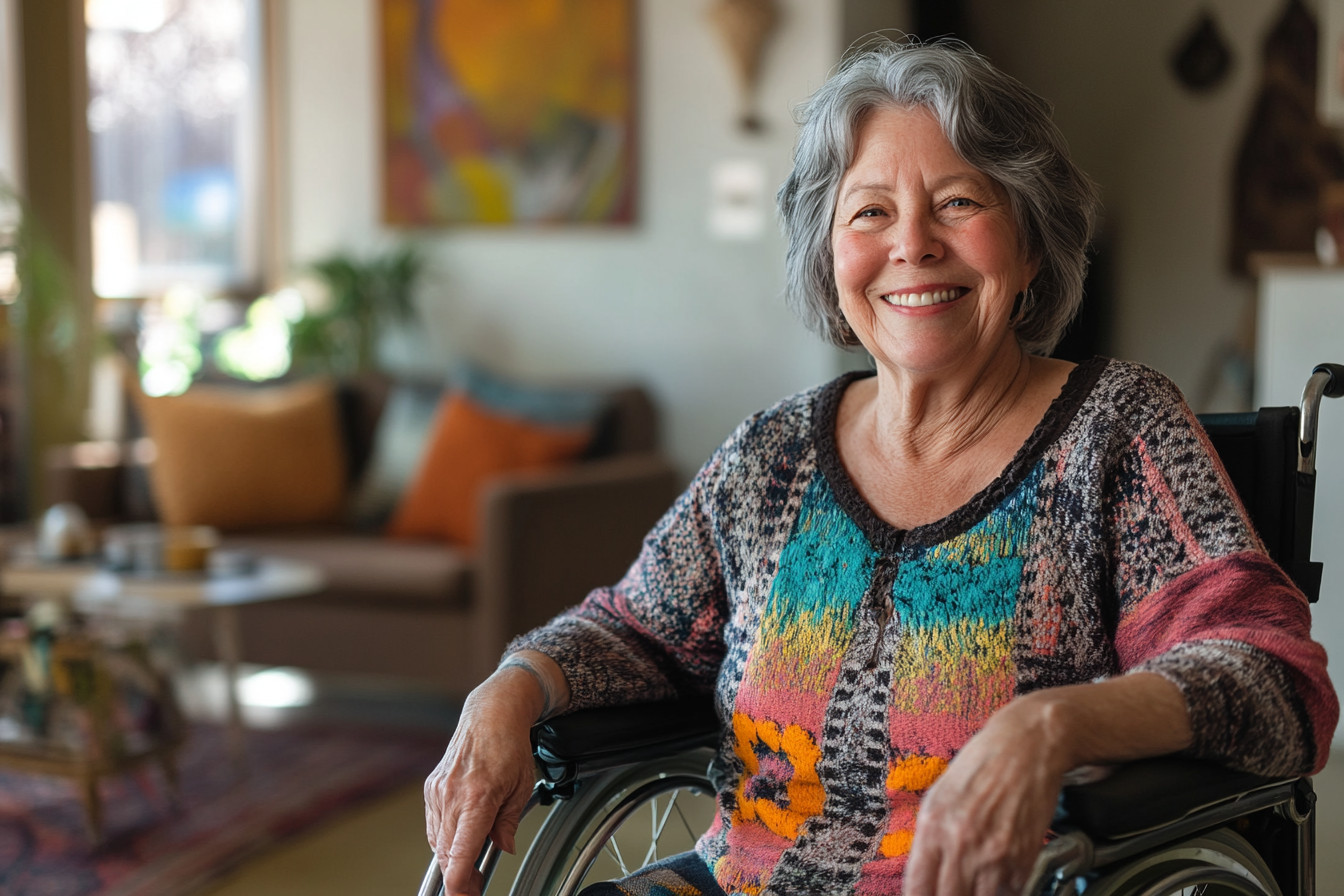 Une femme souriante en fauteuil roulant | Source : Midjourney