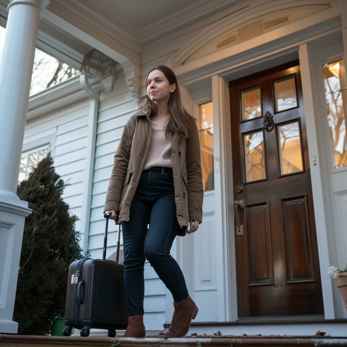 Une femme quittant sa maison avec une valise à la main | Source : Midjourney