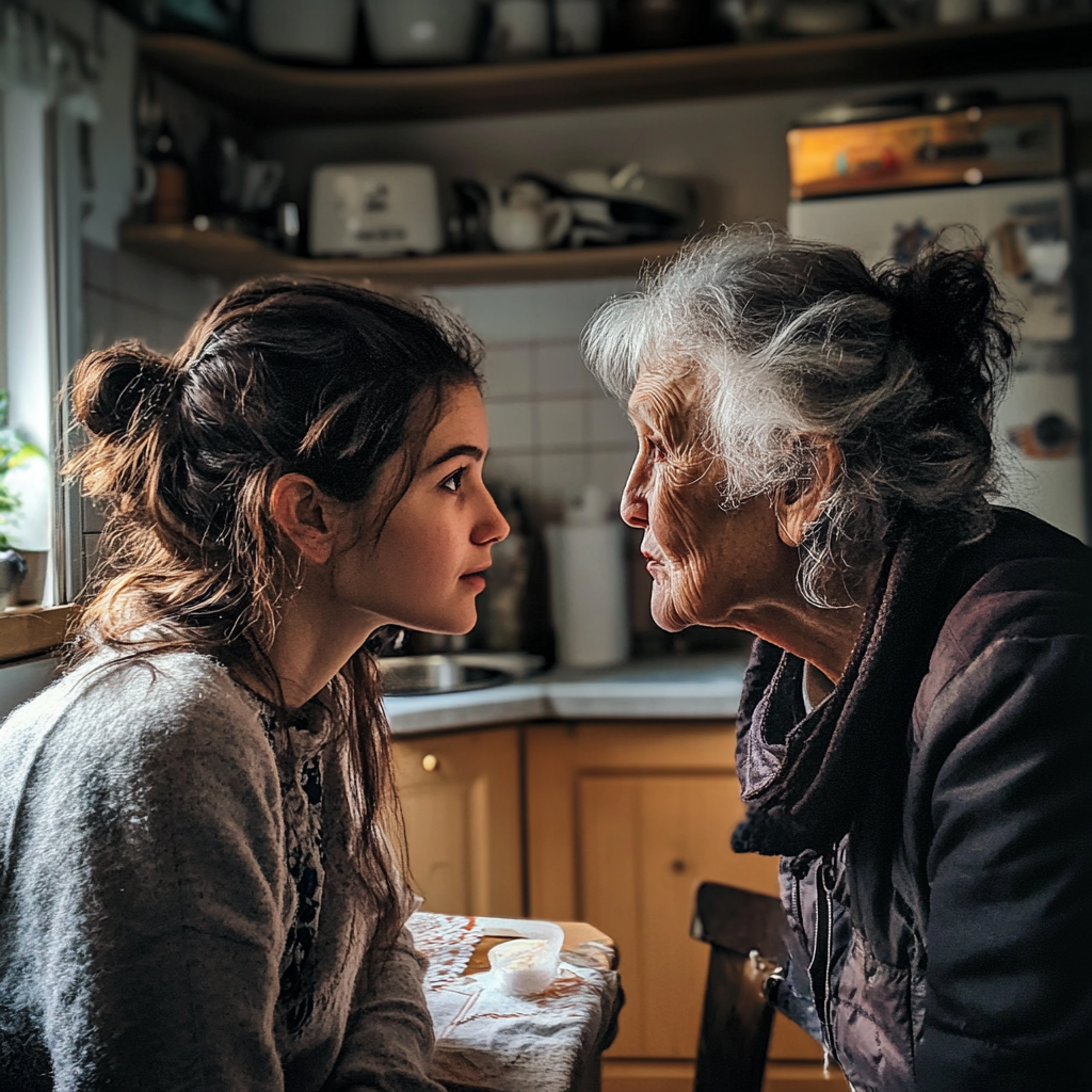 Une jeune femme parle à une dame âgée | Source : Midjourney