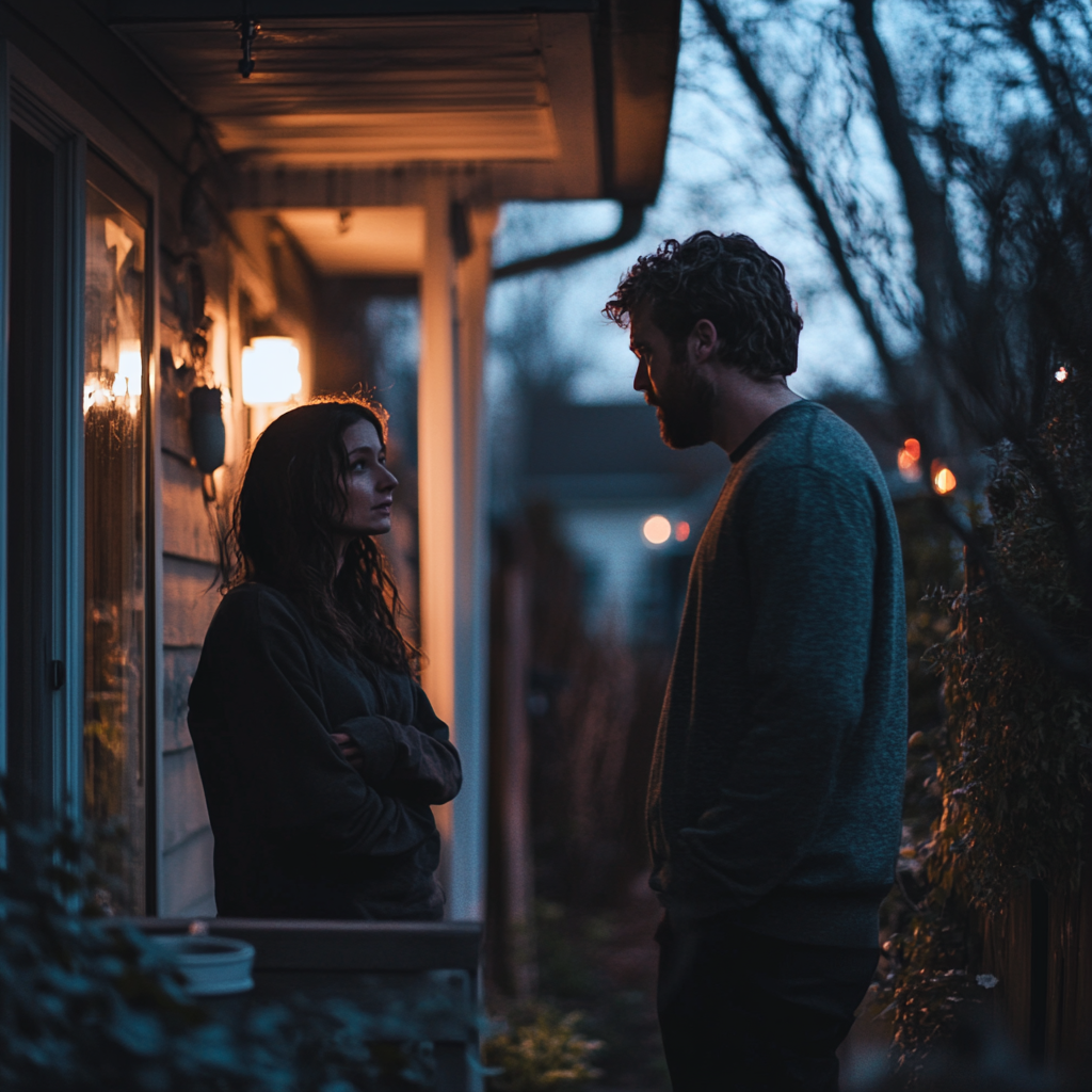 Un couple discute sous le porche | Source : Midjourney