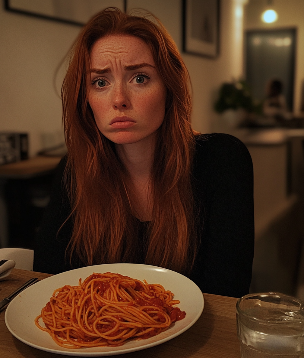 Une femme bouleversée assise à une table à manger | Source : Midjourney