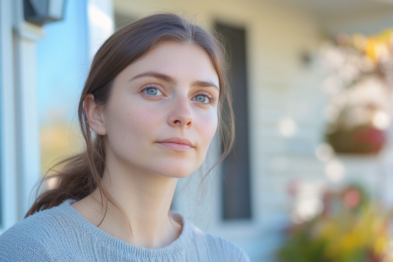 Une femme debout devant sa maison | Source : Midjourney