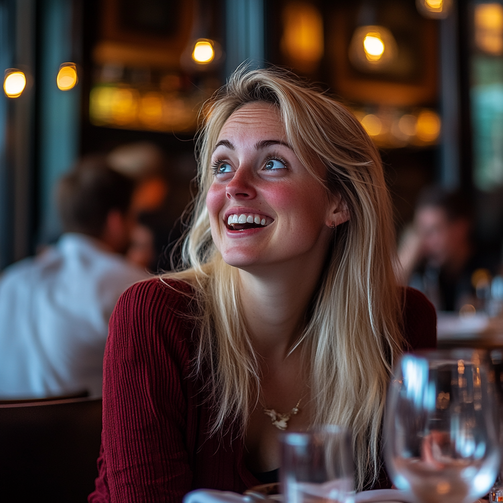 Une femme rit alors qu'elle est assise dans un restaurant haut de gamme | Source : Midjourney