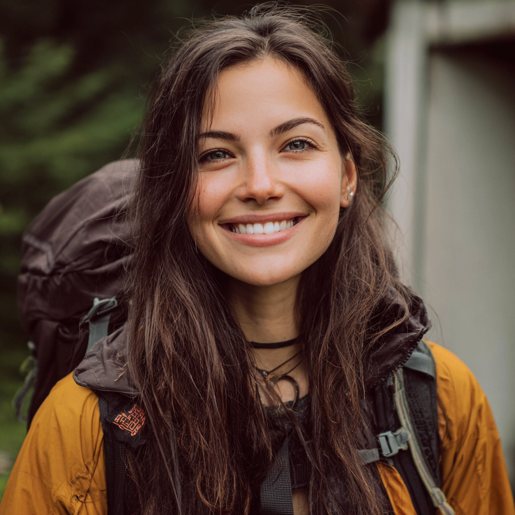 Une femme souriante sur un sentier de randonnée | Source : Midjourney