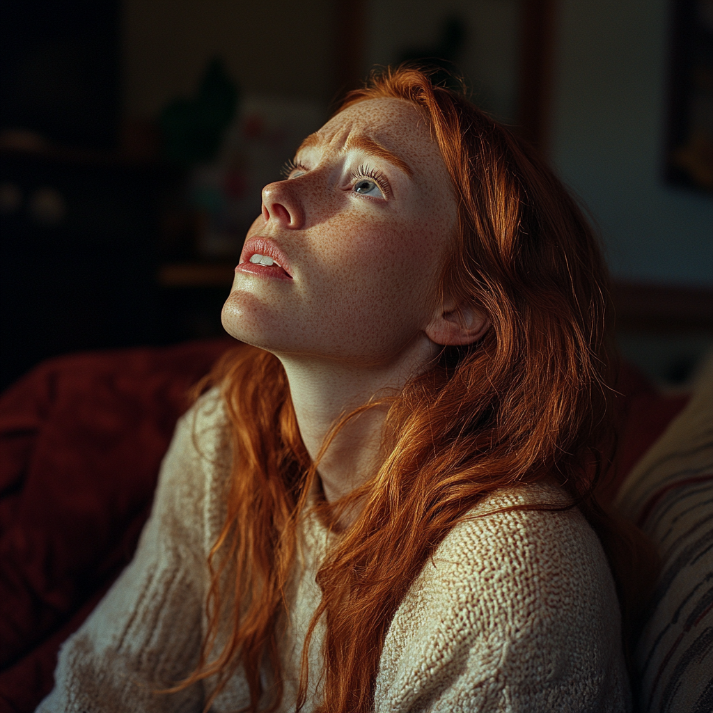 Une femme qui regarde en l'air dans sa maison | Source : Midjourney