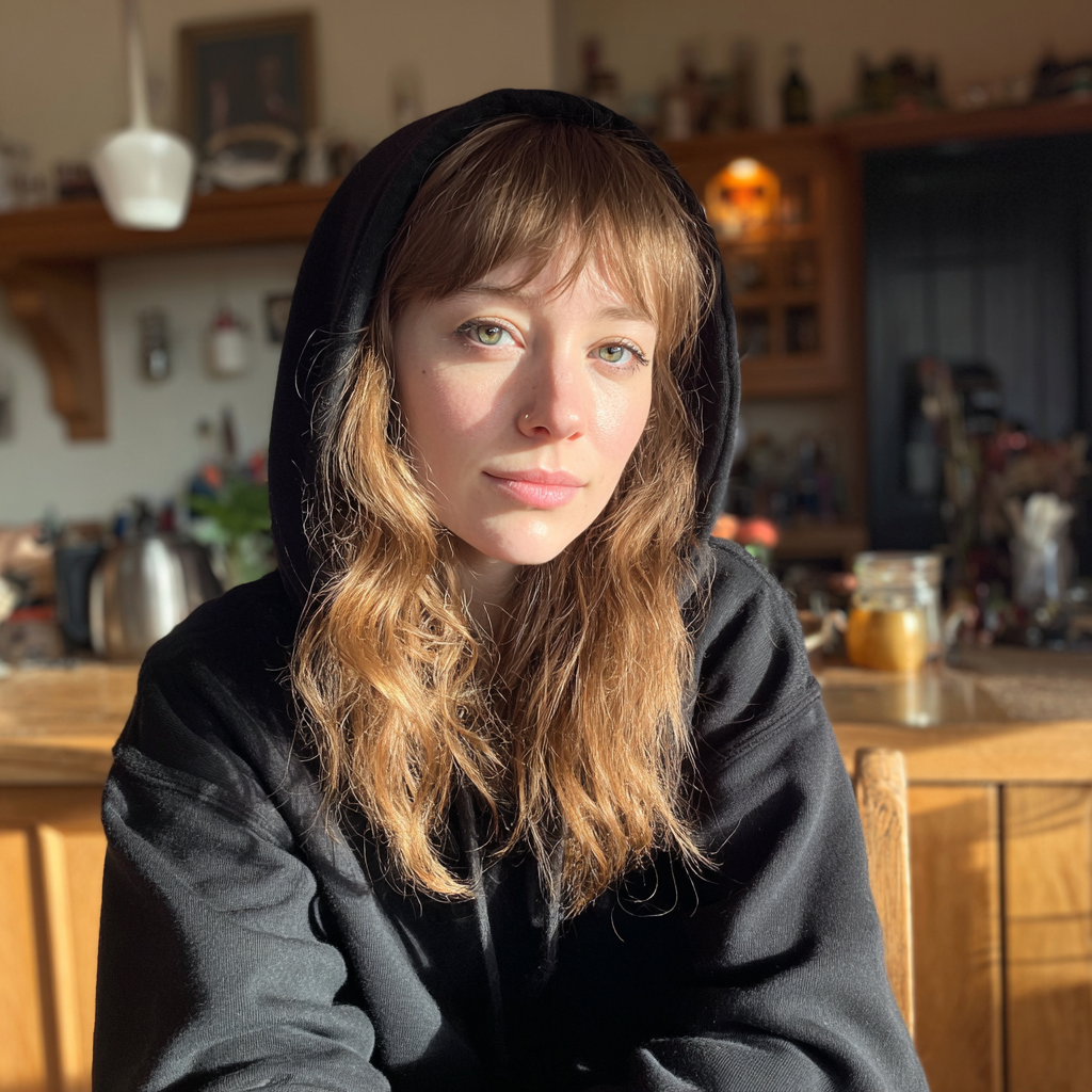 Une femme portant un sweat à capuche noir assise au comptoir d'une cuisine | Source : Midjourney