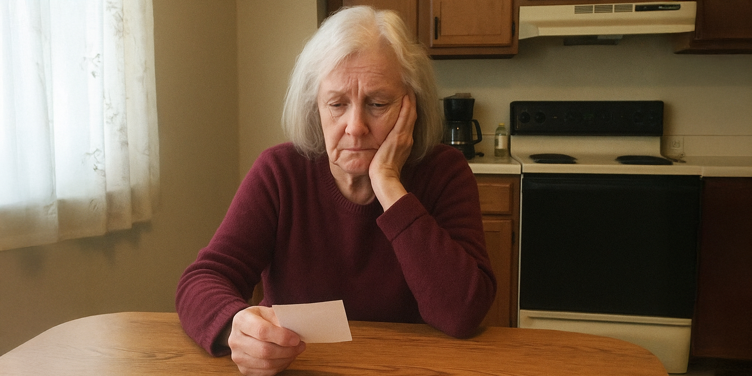 Une femme âgée et triste, assise seule, tenant une note en silence | Source : The Celebritist