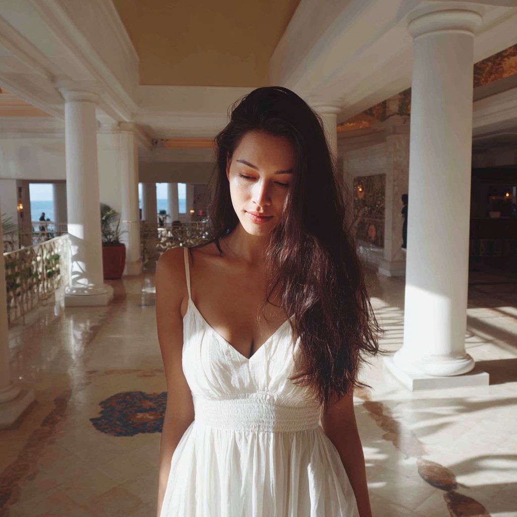Une femme pensive portant une robe blanche | Source : Midjourney