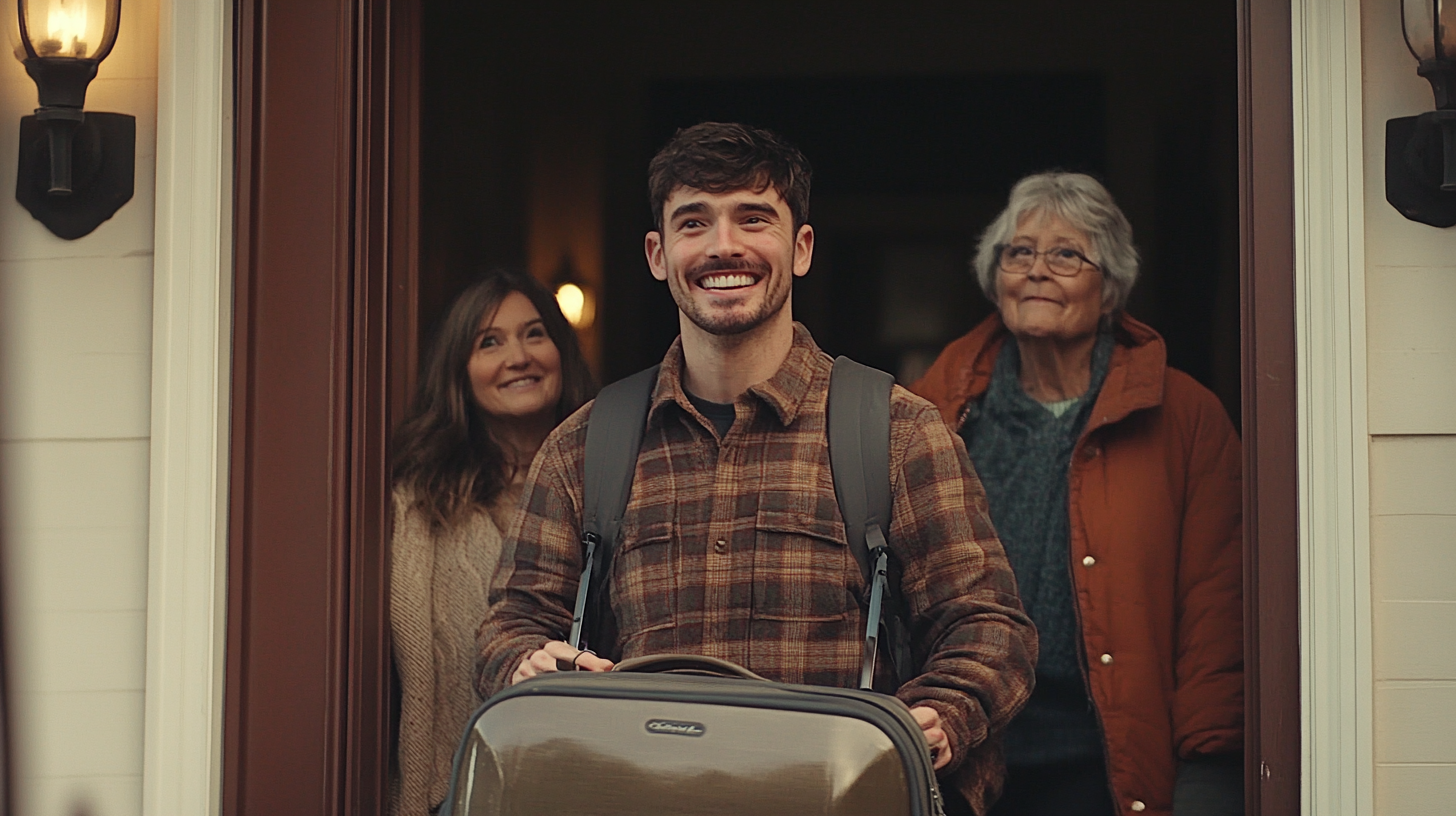 Un homme souriant avec deux femmes derrière lui | Source : Midjourney