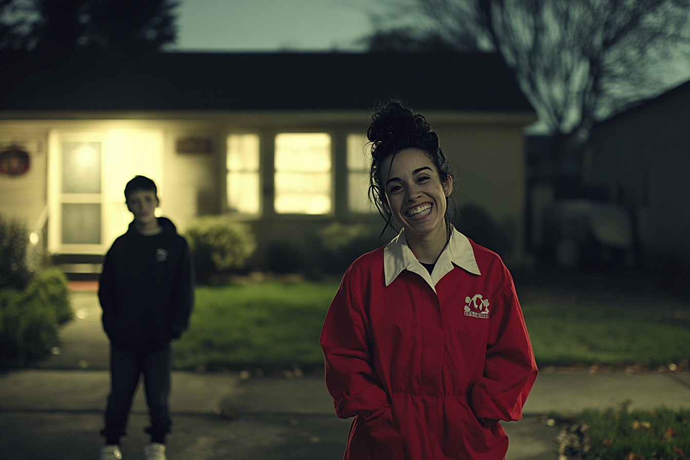 Une femme d'une quarantaine d'années, portant un uniforme et souriante, se tient devant une maison modeste avec un adolescent en arrière-plan | Source : Midjourney