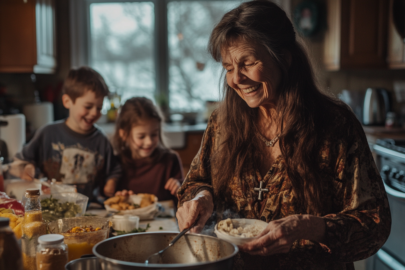 Une femme d'une soixantaine d'années qui cuisine en souriant tandis que deux enfants l'aident en arrière-plan | Source : Midjourney