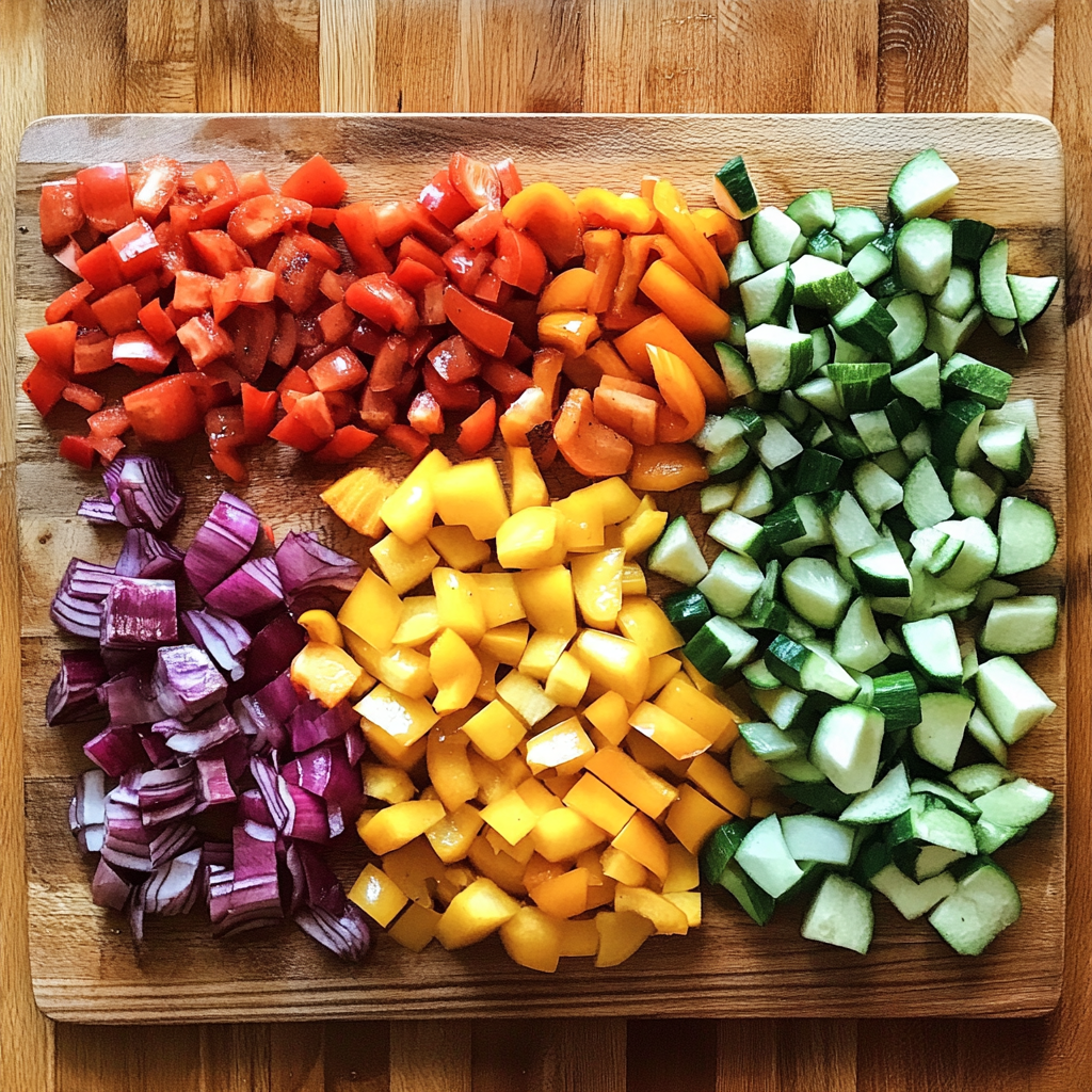 Légumes hachés sur une planche en bois | Source : Midjourney