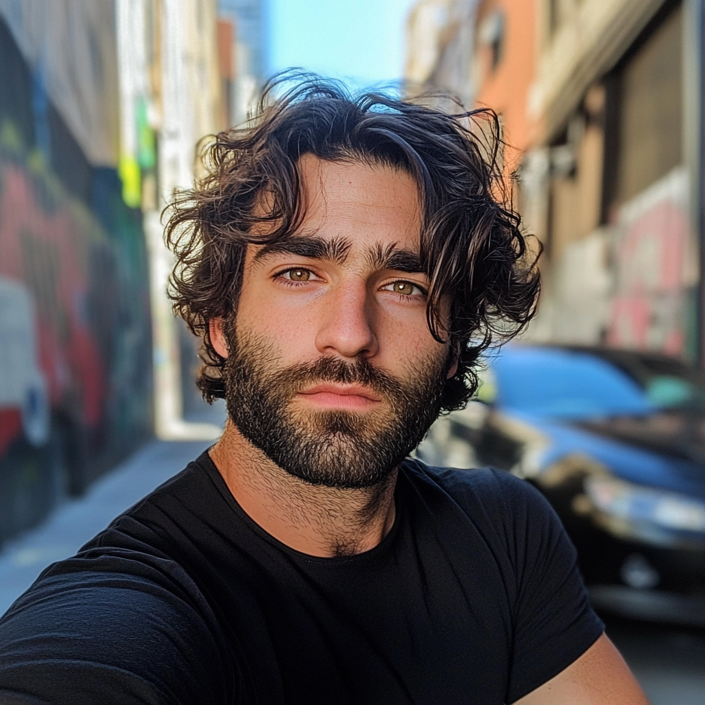 Un homme pensif portant un t-shirt noir et se tenant dans une ruelle | Source : Midjourney