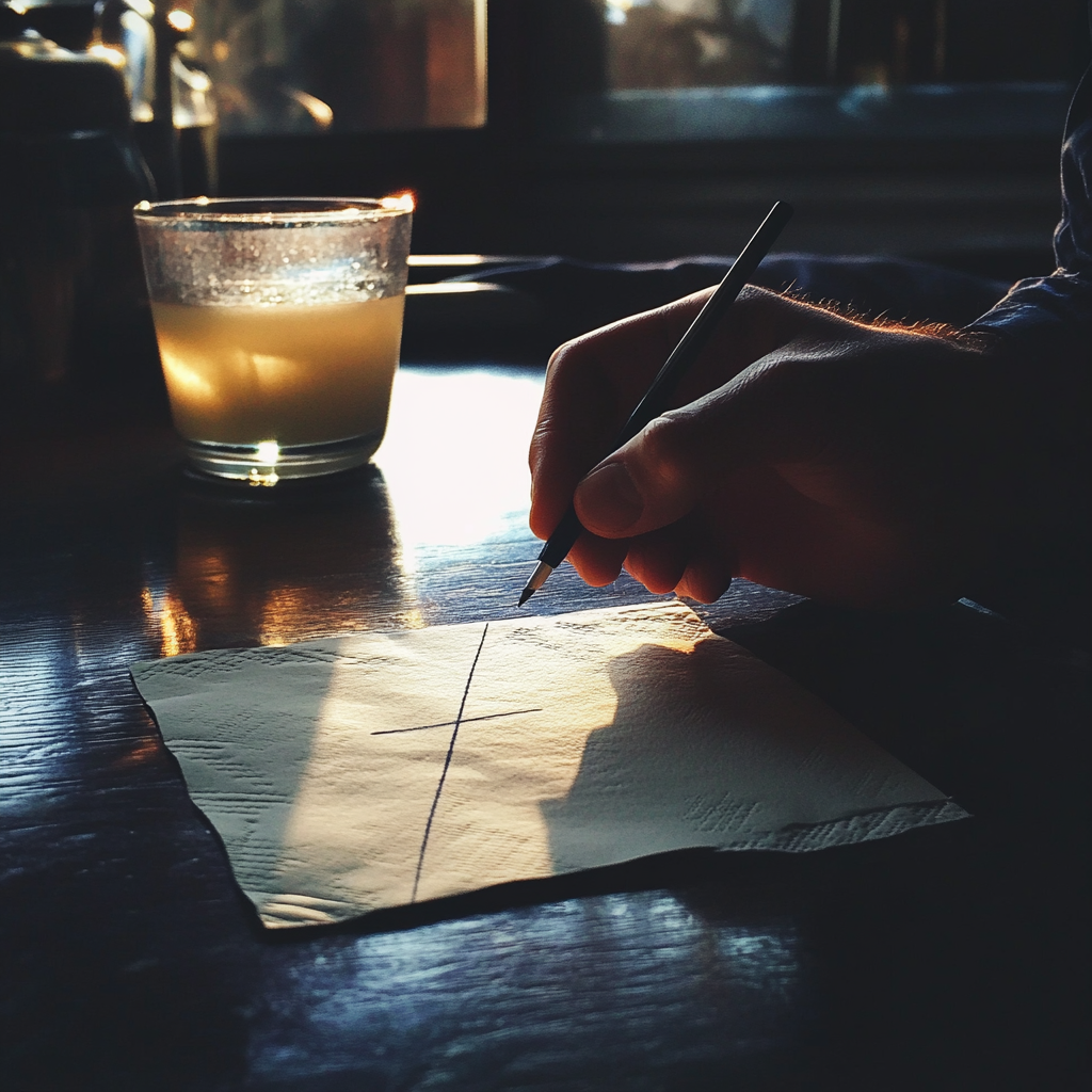 Un homme dessine sur une serviette de table | Source : Midjourney