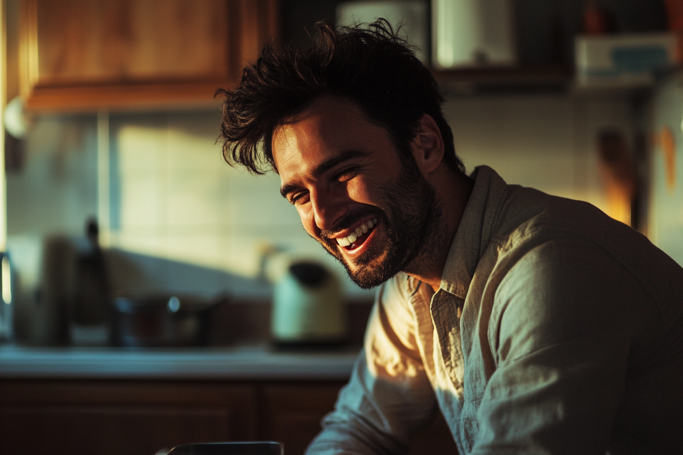 Un homme qui rit dans une cuisine | Source : Midjourney