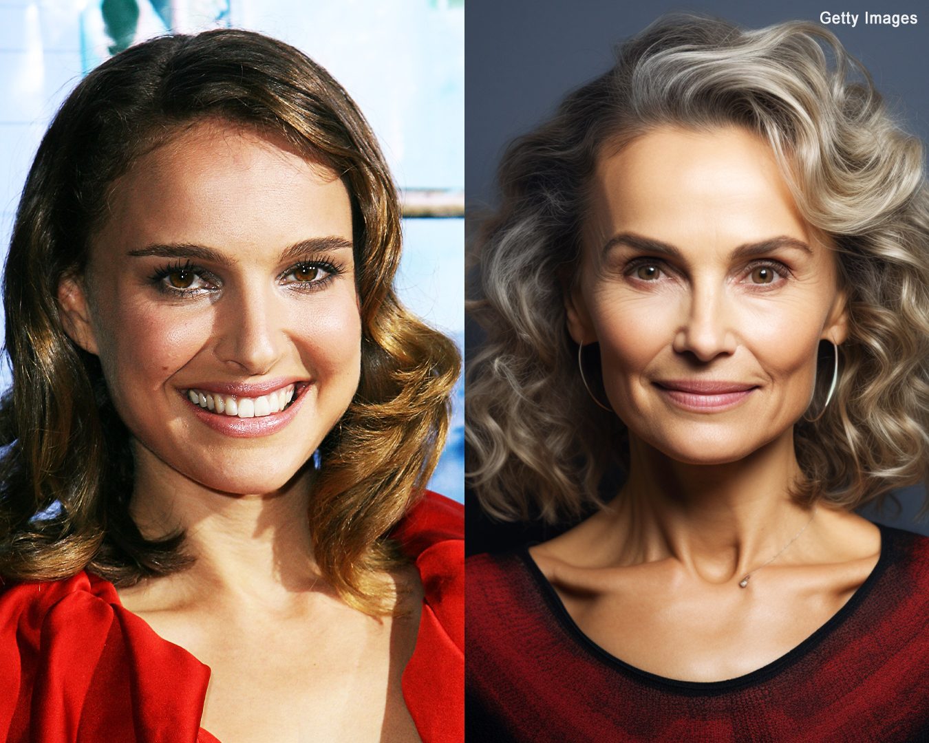 Natalie Portman dans la vraie vie | Une représentation AI de ce à quoi Natalie Portman pourrait ressembler dans 20 ans | Source : Getty Images | Midjourney