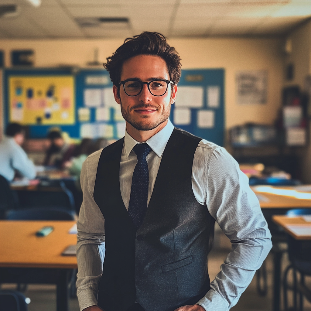 Young man teaching in a classroom | Source: Midjourney