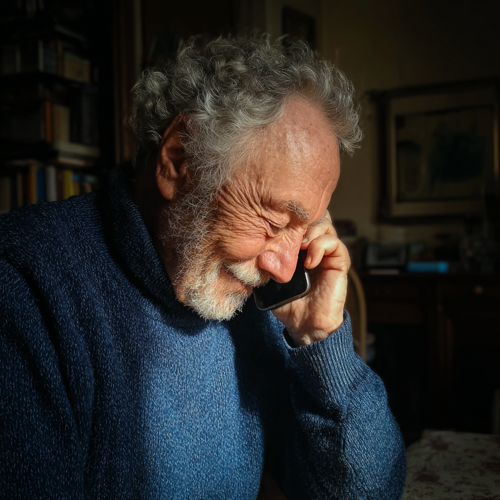 Un homme âgé souriant qui parle au téléphone | Source : Midjourney