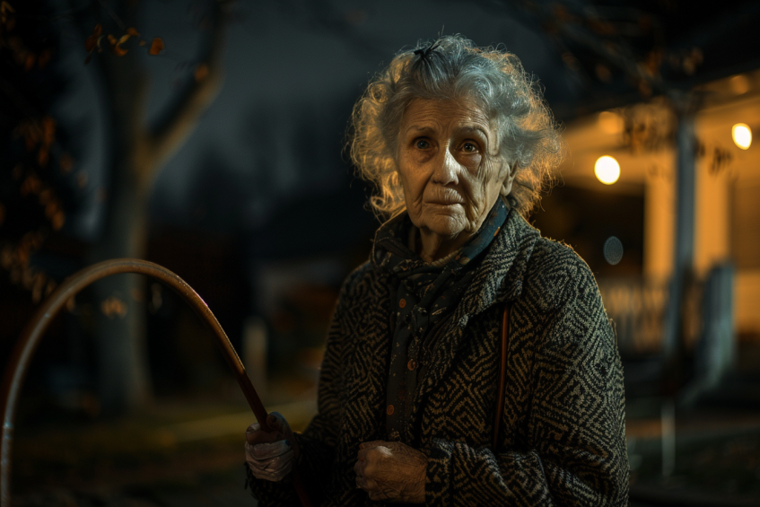Une femme tenant un tuyau d'arrosage dans un jardin la nuit | Source : Midjourney