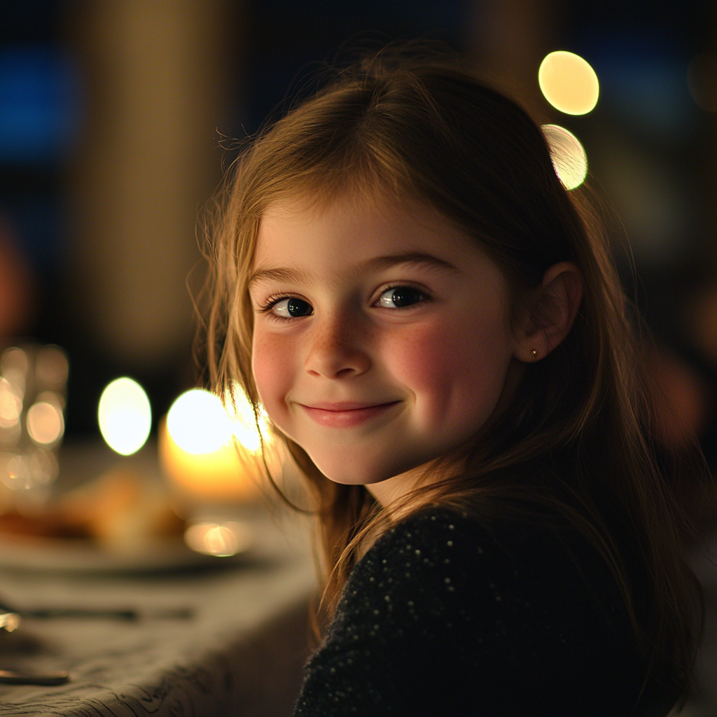 Une fille heureuse à table | Source : Midjourney