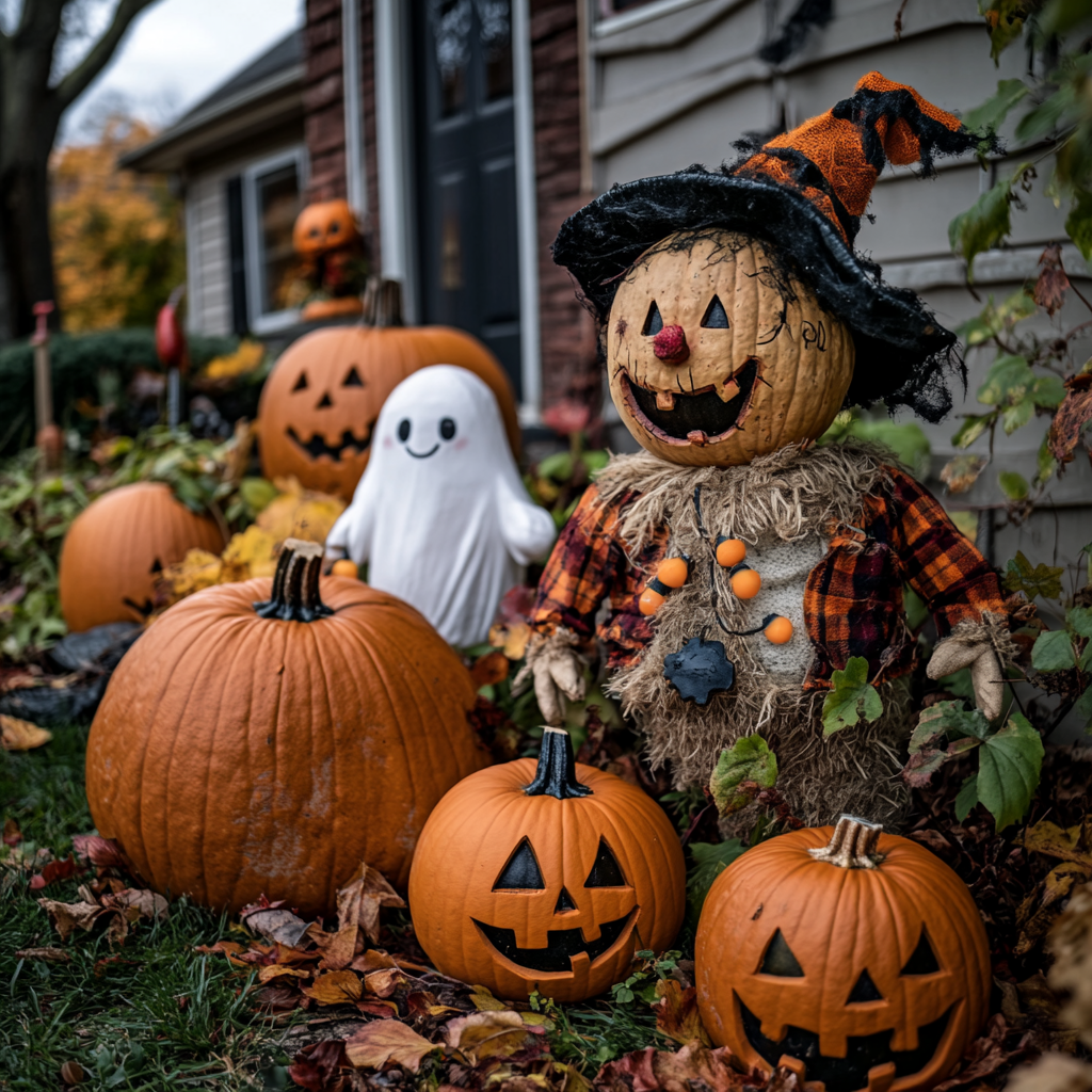 Une cour décorée pour Halloween avec un épouvantail, des fantômes sympathiques et d'énormes citrouilles | Source : Midjourney