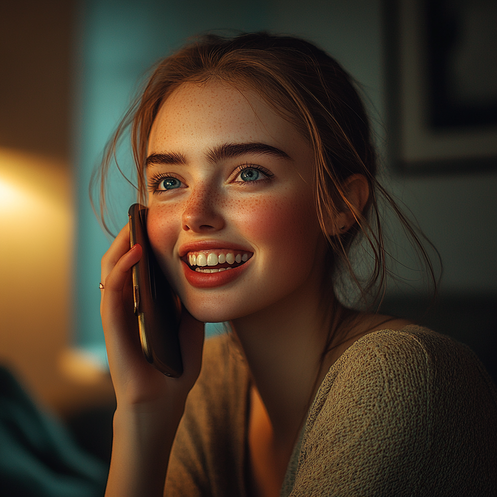 Une femme souriante qui parle au téléphone | Source : Midjourney