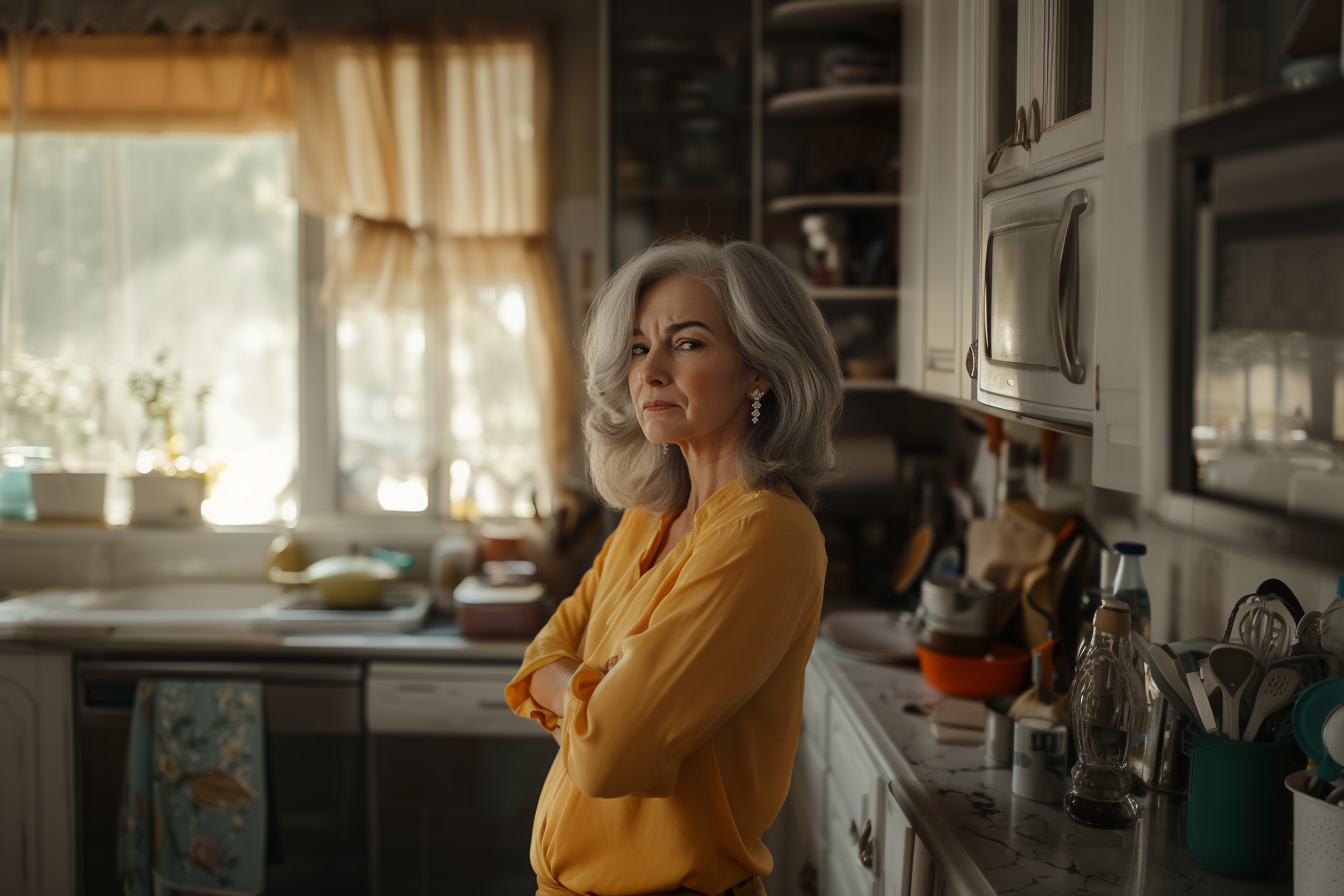 Une femme en colère, les bras croisés, dans une cuisine en désordre | Source : Midjourney