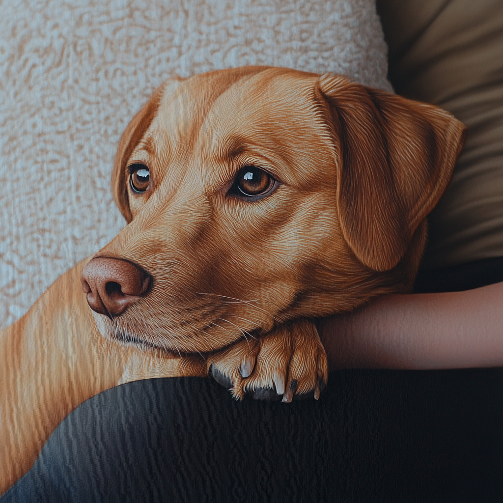 Un chien qui repose sa tête sur les genoux d'une femme | Source : Midjourney