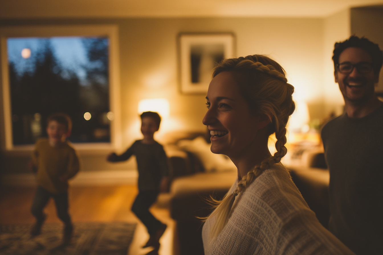 Femme d'une trentaine d'années souriant joyeusement alors que son mari et ses jumeaux courent dans un salon | Source : Midjourney