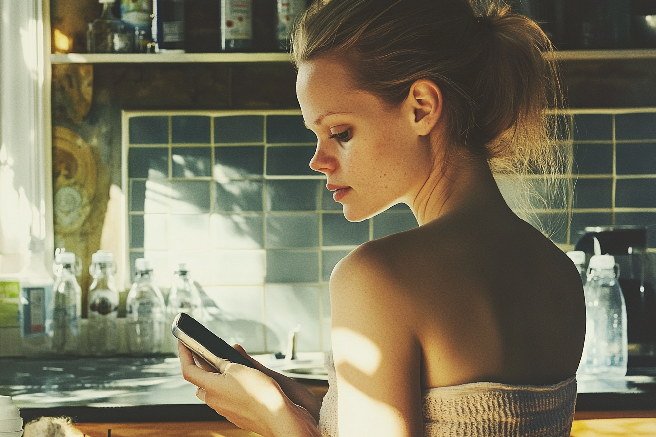 Une femme jette un coup d'œil à son téléphone | Source : Midjourney