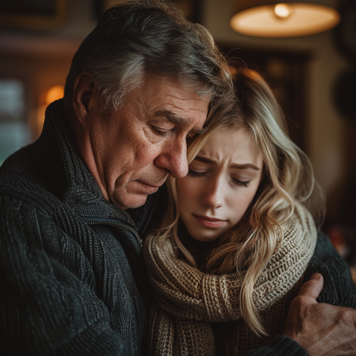 Un père réconforte sa fille triste en la serrant dans ses bras | Source : Midjourney