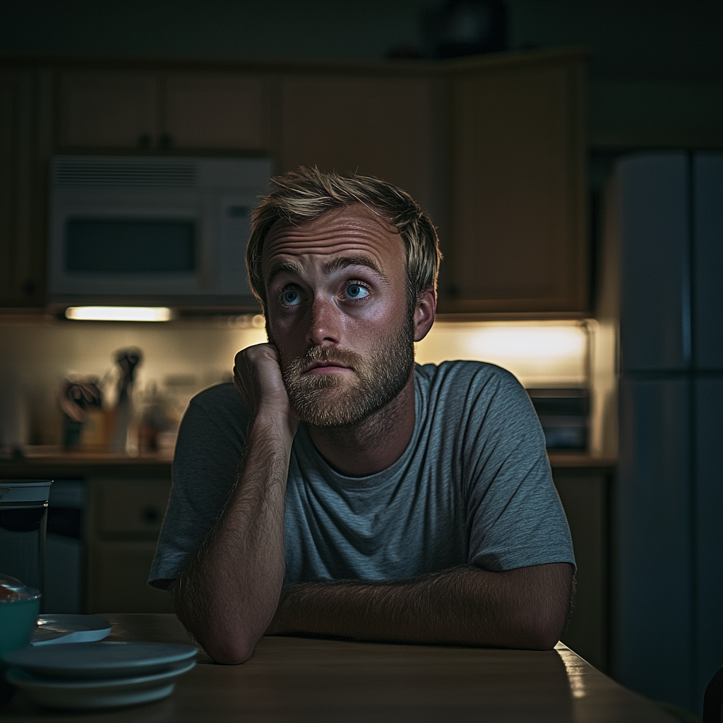 Un homme a l'air honteux alors qu'il est assis à la table de la cuisine | Source : Midjourney