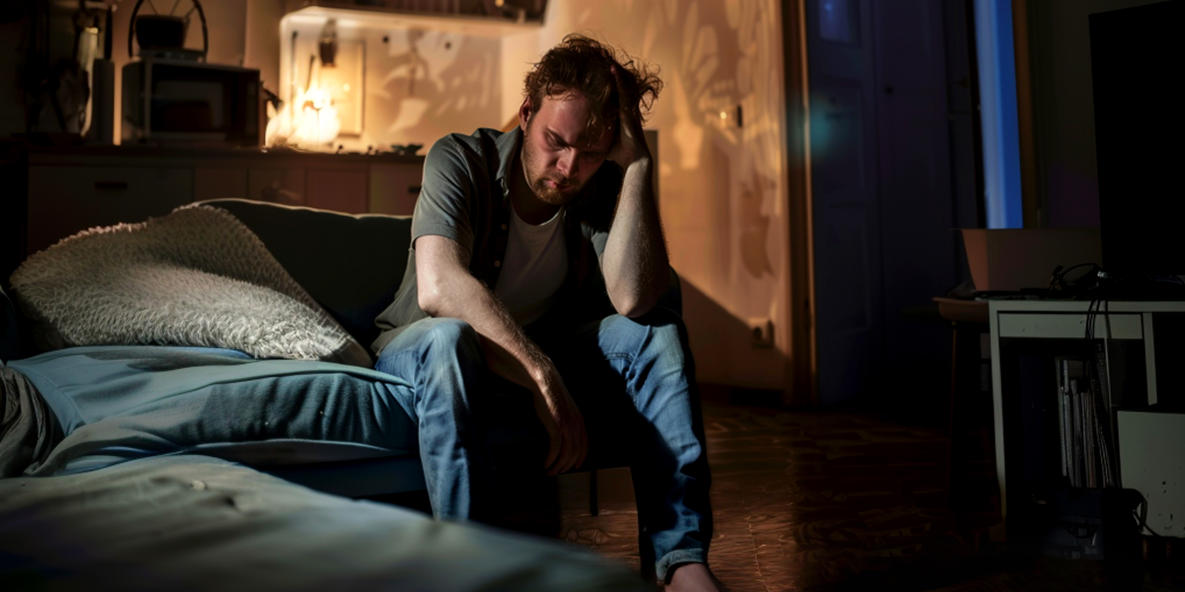 Un homme en détresse assis dans une pièce sombre | Source : Midjourney