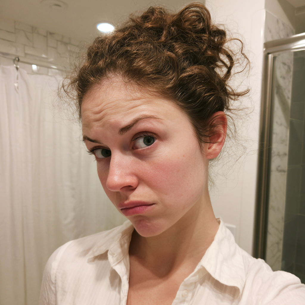 Une femme fronçant les sourcils debout dans une salle de bain | Source : Midjourney