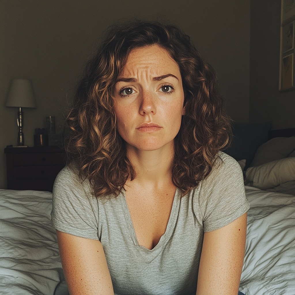 Une femme bouleversée assise sur son lit | Source : Midjourney