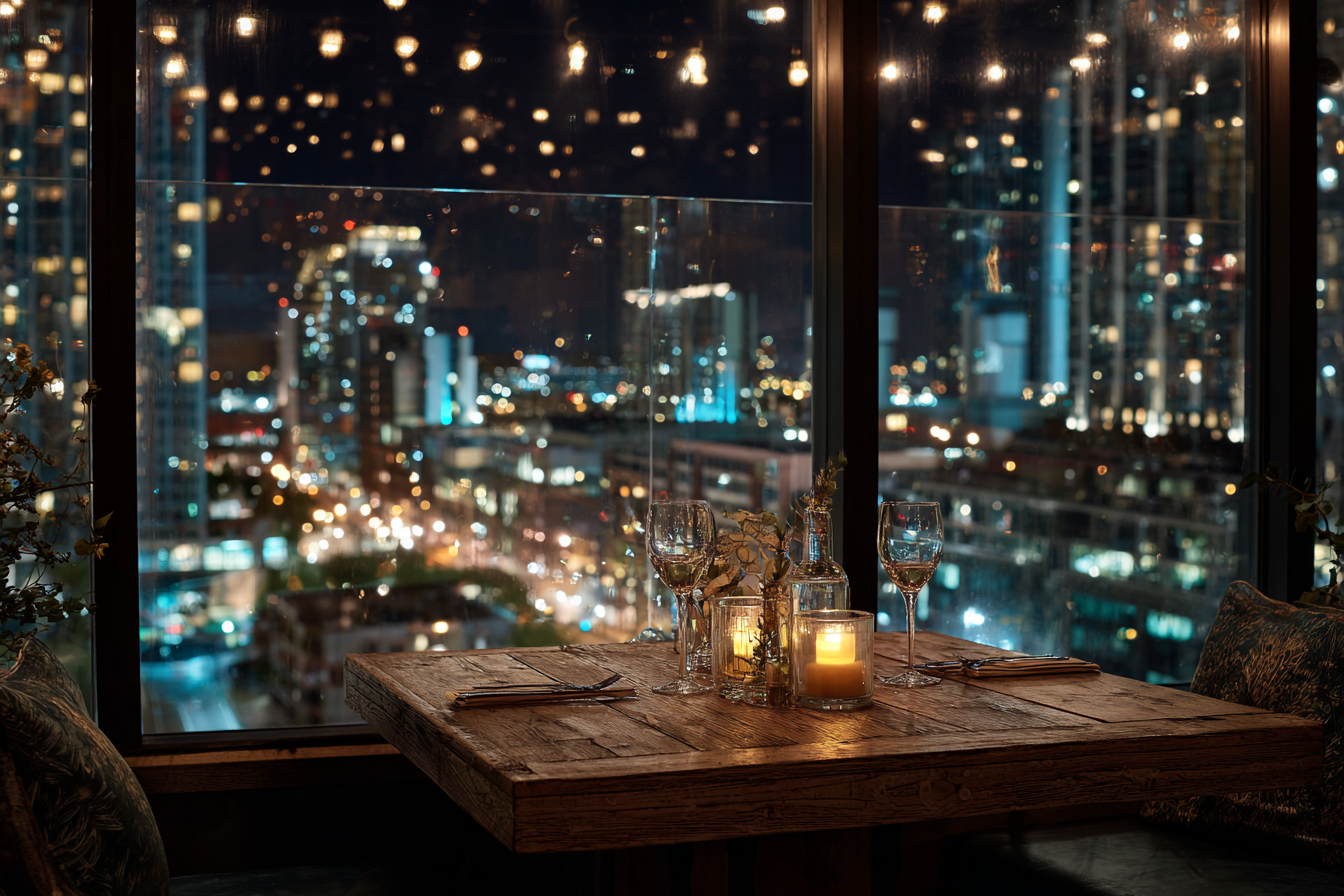 Une table de restaurant avec vue sur la ville | Source : Midjourney