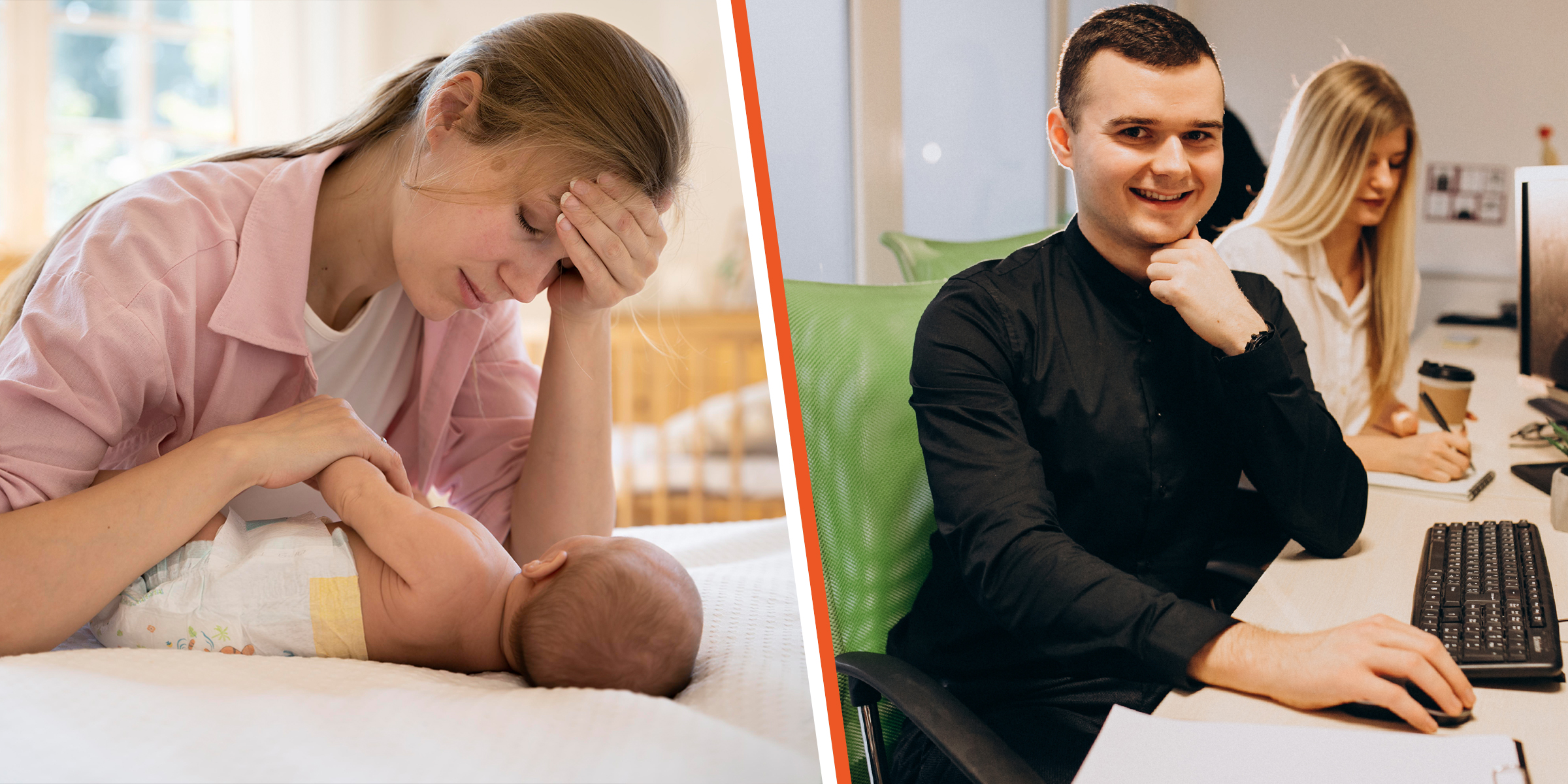Une femme inquiète avec un bébé et un homme souriant au travail | Source : Freepik
