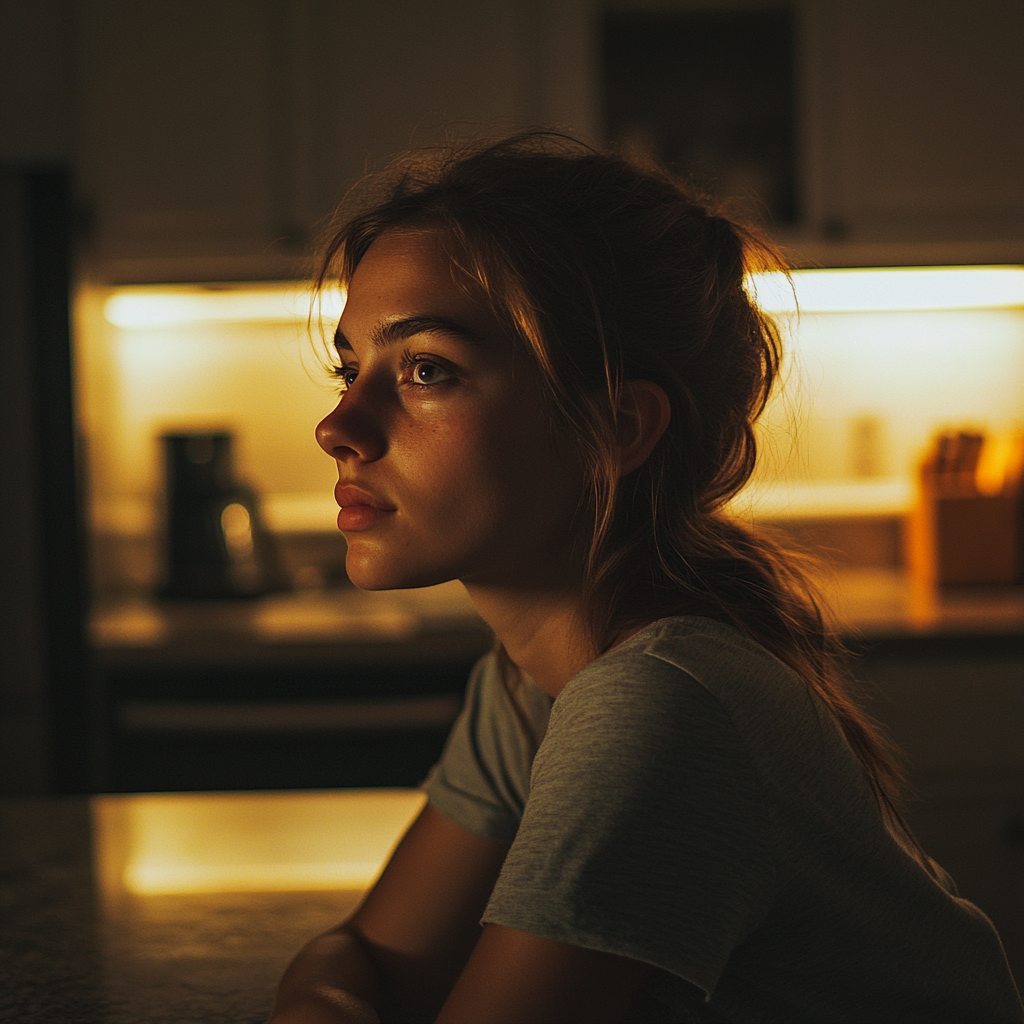 Une femme sérieuse assise à la table | Source : Midjourney